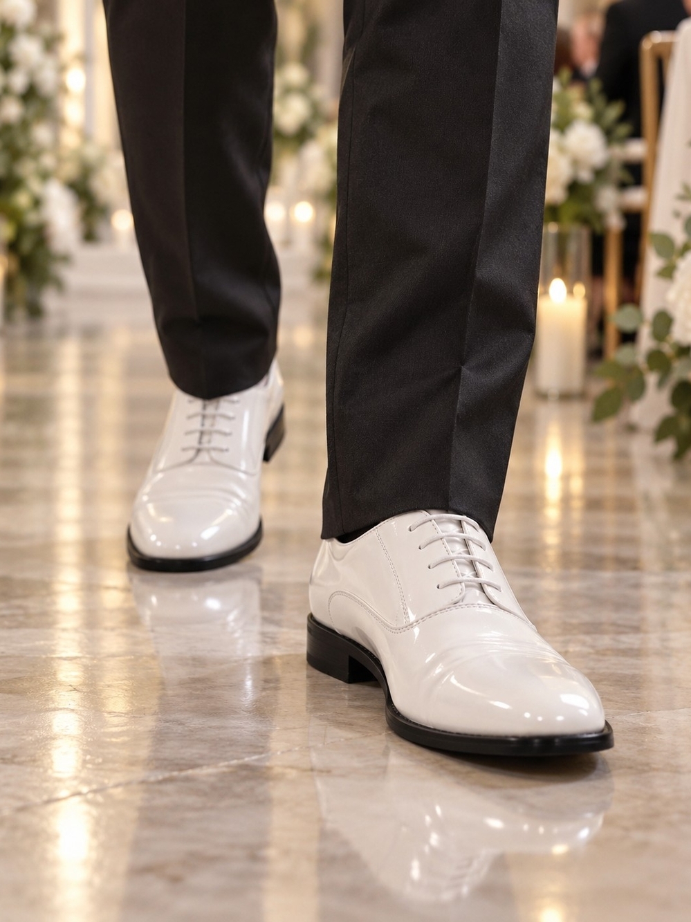 Men's White Leather Derby Dress Shoes - Sleek Lace-Up Oxford Style